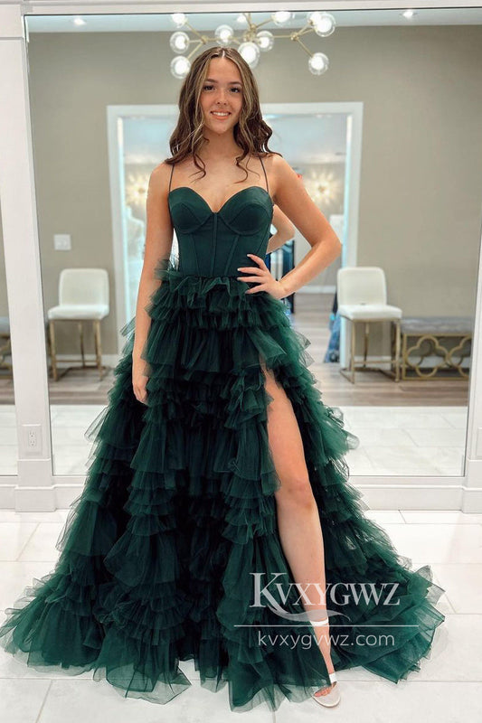 Spaghetti Strap Dark Green Sweetheart Evening Gown Ruffles Tiered Tulle Long Prom Dress with Slit LF836