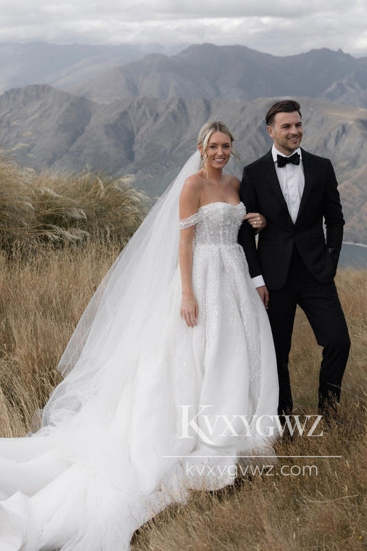A-Line Off the Shoulder White Sequin Wedding Dresses Gown HS837