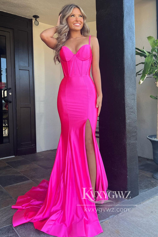Hot Pink Corset Lace-Up Evening Gown Mermaid Long Formal Prom Dress with Slit LF837