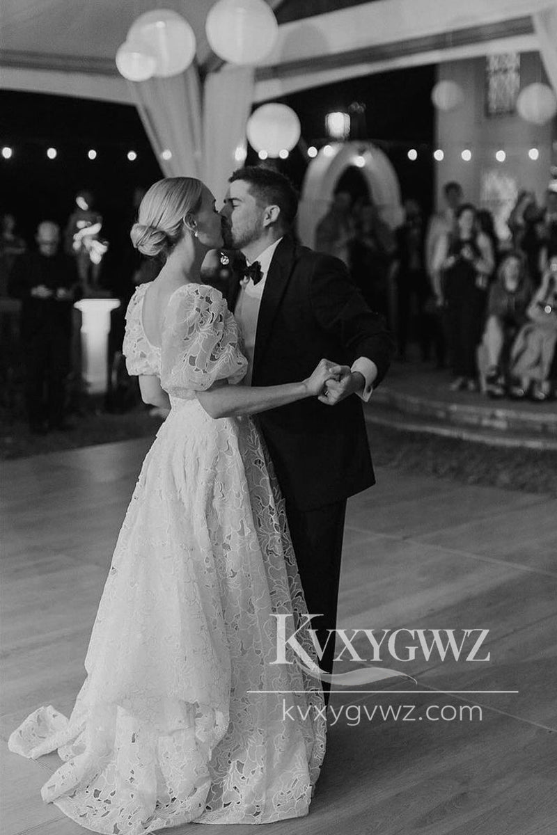 A-Line Square Neck Vintage Lace Wedding Dresses Gown HS839