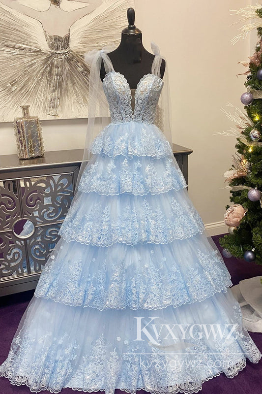 Light Blue Tulle Appliques Evening Gown Tying Strap Ruffle Tiered Long Prom Dress LF839
