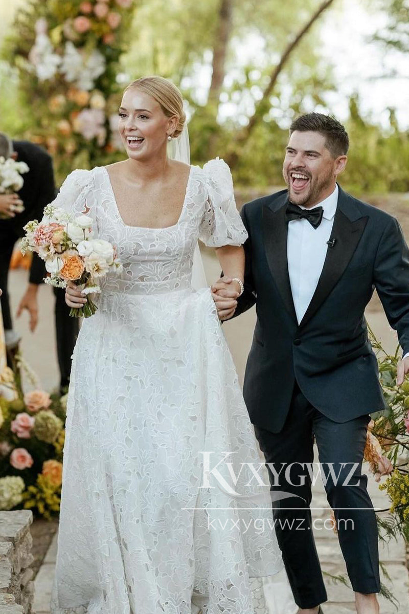 A-Line Square Neck Vintage Lace Wedding Dresses Gown HS839