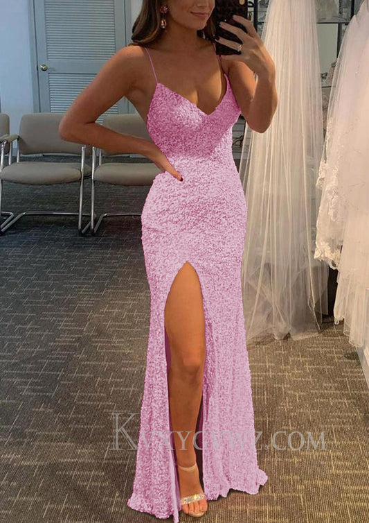 Sheath/Column V Neck Spaghetti Straps Long/Floor-Length Velvet Sequins Prom Dress With Split LF084