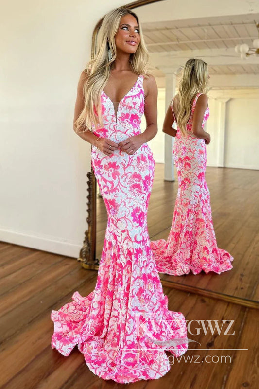 Stunning Mermaid V Neck Evening Gown Sequins Lace Long Prom Dress LF840