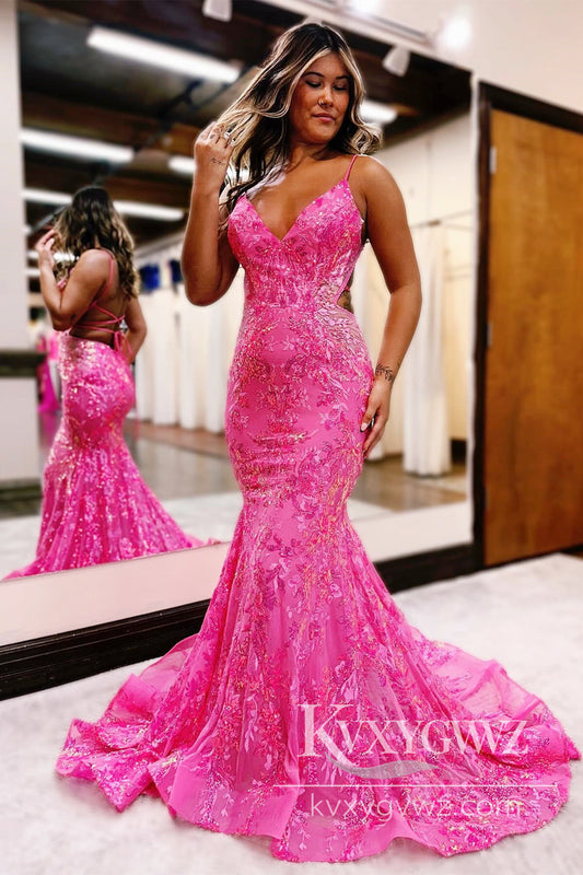 Spaghetti Strap Mermaid Hot Pink Evening Gown Sequin Lace V-Neck Long Prom Dress LF841