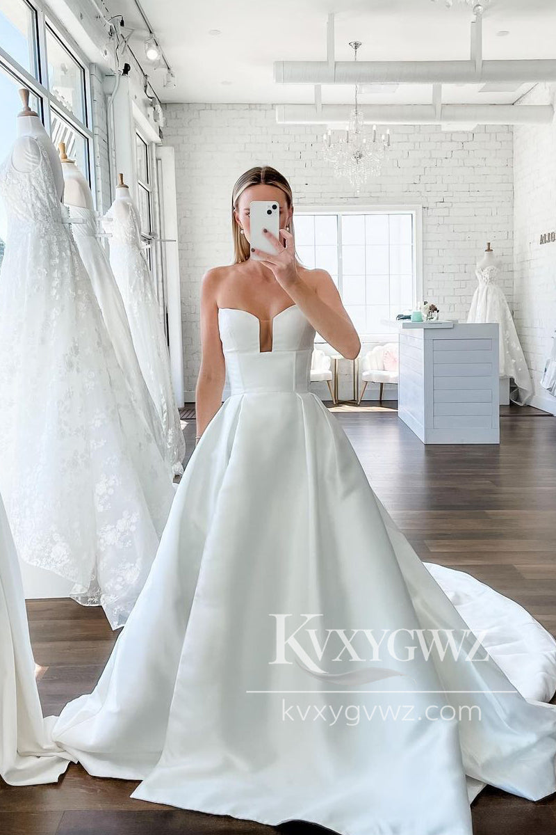 A-Line V Neck Satin Wedding Dresses Gown with Detachable Straps HS841