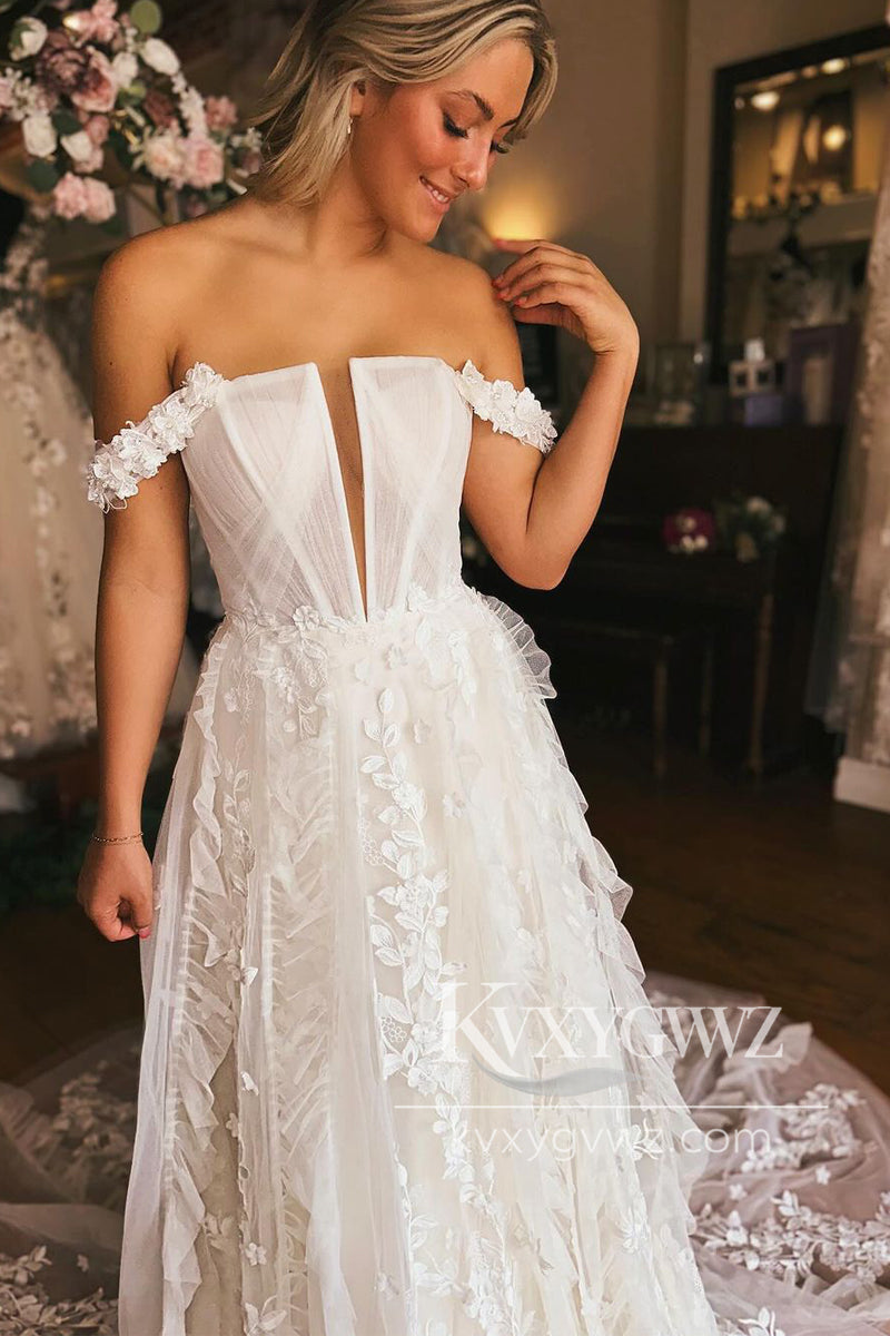 A-Line Off the Shoulder White Tulle Wedding Dresses Gown with Appliques HS842