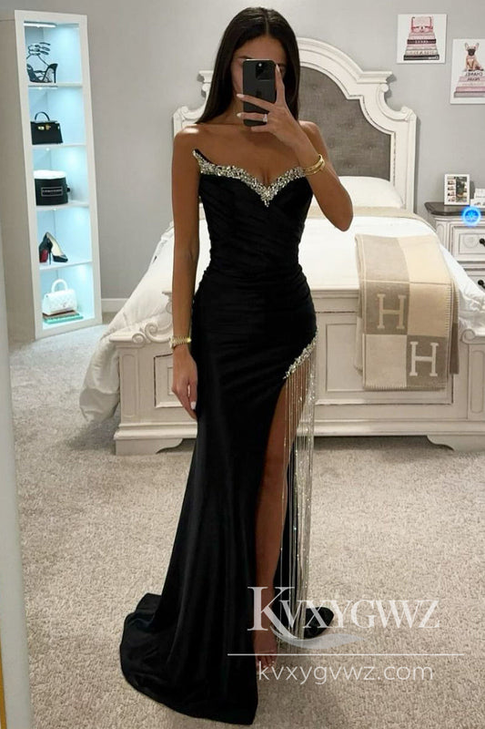 Dazzling Mermaid Strapless Evening Gown Black Long Prom Dress with Fringe Slit LF843