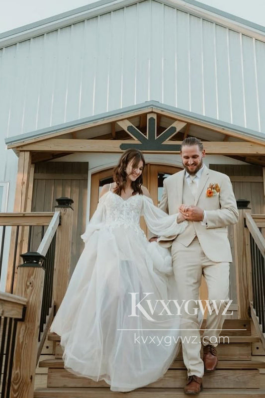 Pastoral Style A-Line Off the Shoulder Tulle Wedding Dresses Gown HS843