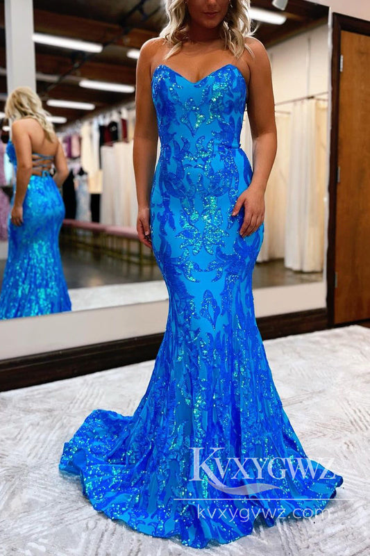 Dazzling Mermaid Evening Gown Blue Sequin Lace Sweep Train Long Prom Dress LF845