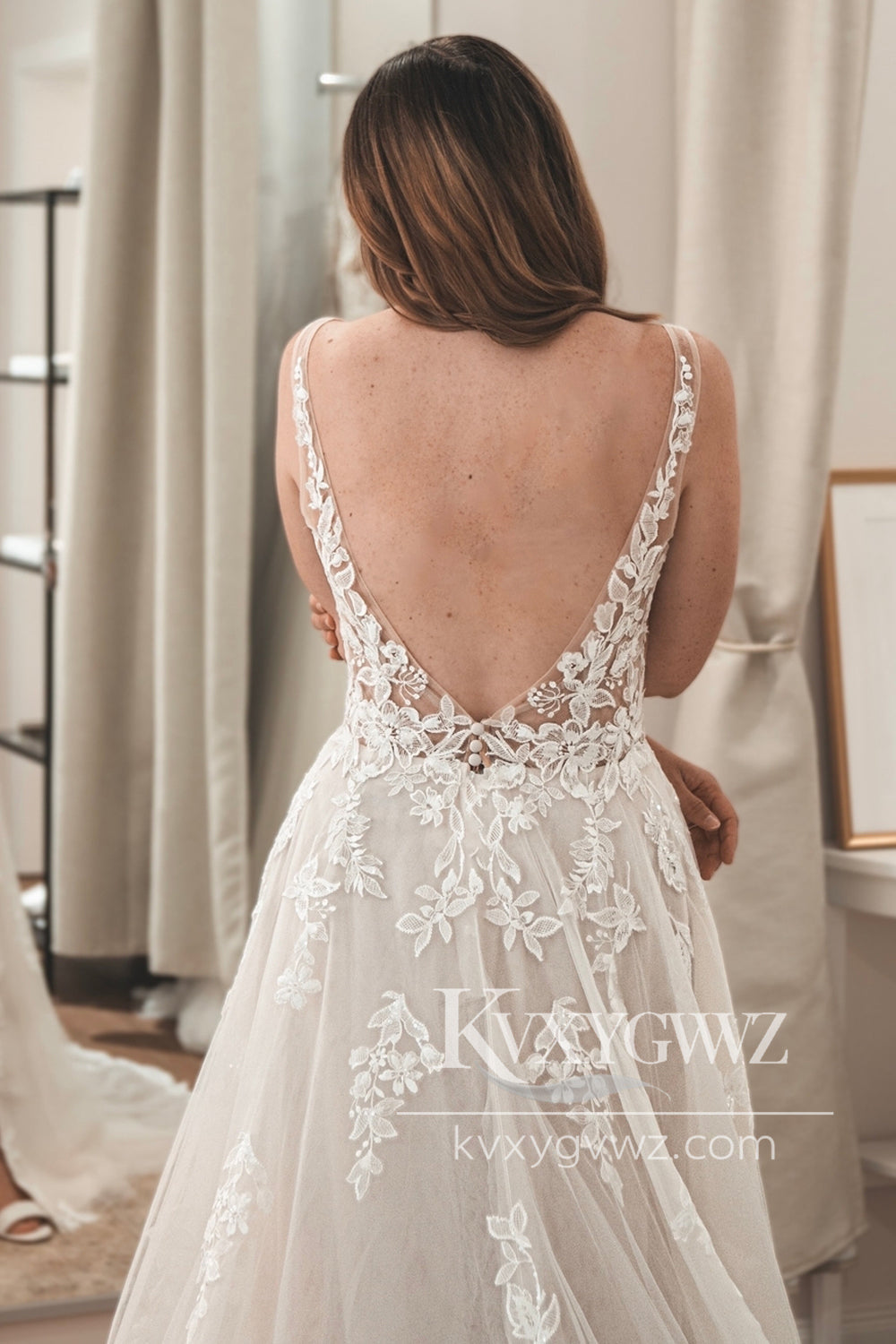 Graceful A Line V Neck Tulle Wedding Dresses Gown with Appliques HS846