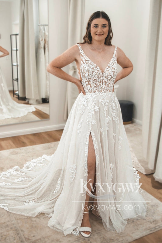 Graceful A Line V Neck Tulle Wedding Dresses Gown with Appliques HS846
