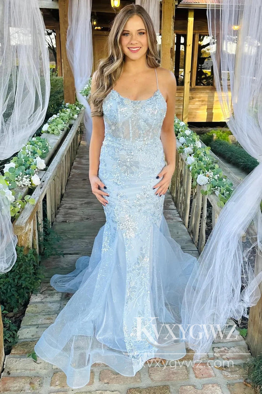 Light Blue Scoop Neck Sequin Evening Gown Lace Trumpet Long Prom Dress LF847