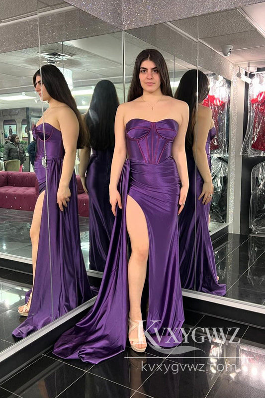 Grape Strapless Satin Evening Gown Mermaid Long Prom Dress with Slit LF848