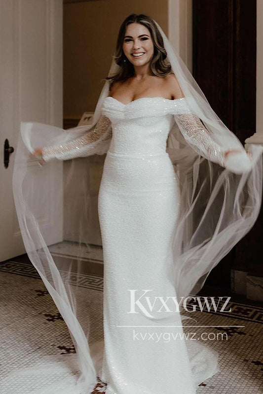 Dazzling Mermaid Off the Shoulder Sequins Lace Long Wedding Dresses Gown HS849