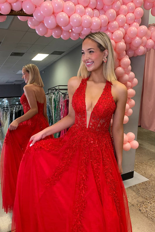 A-Line Halter Red Tulle Long Prom Dress Gown with Appliques LF1207