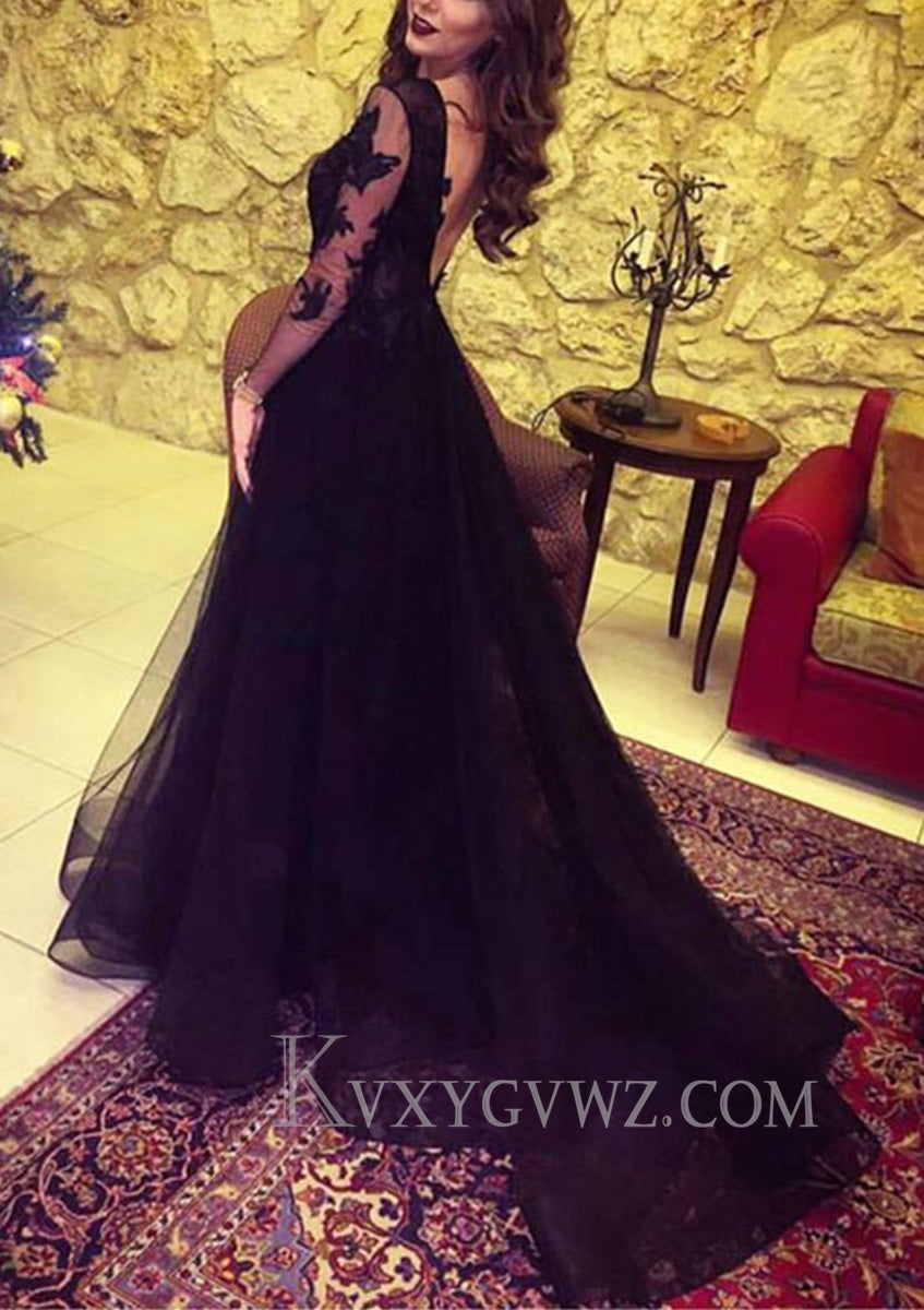 A-Line/Princess Full/Long Sleeve Sweetheart Zipper Prom Dress With Appliqued LF085