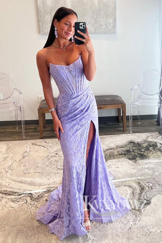 Lavender Lace Strapless Evening Gown Mermaid Long Prom Dress with Slit LF851