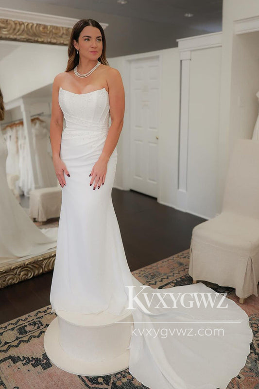 Mermaid Scoop Neck White Satin Wedding Dresses Gown with Beading HS851