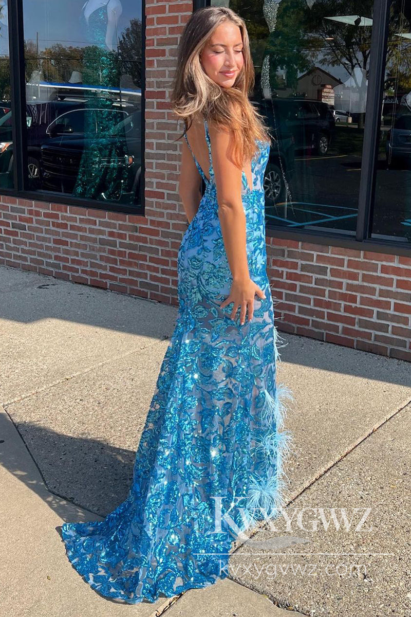 Stunning Sheath V Neck Blue Evening Gown Sequin Lace Mermaid Long Prom Dress with Feather LF852