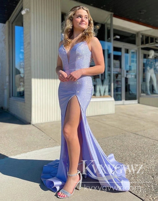 Lavender Deep V-neck Evening Gown Spaghetti Straps Long Prom Dress With Butterfly Back LF853