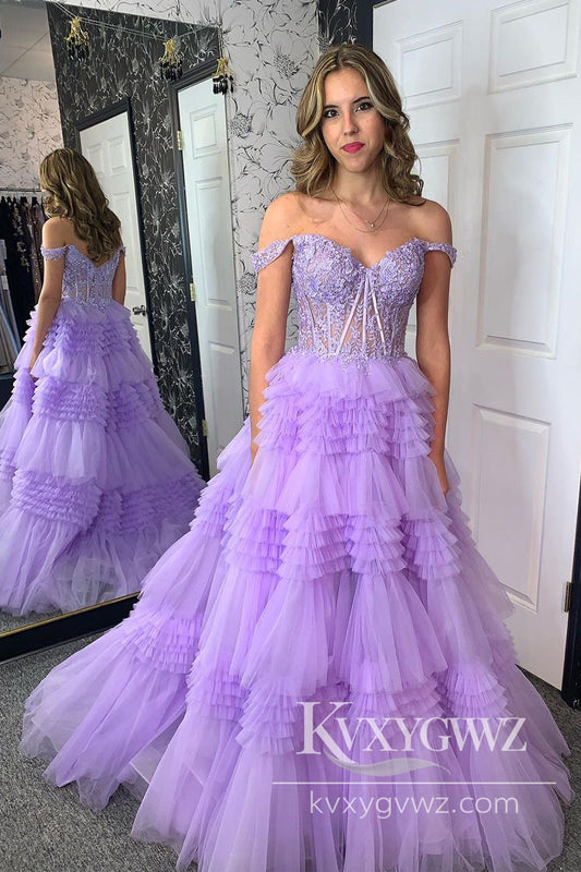 Lilac Off the Shoulder Evening Gown Tiered Tulle Long Prom Dress with Appliques LF854