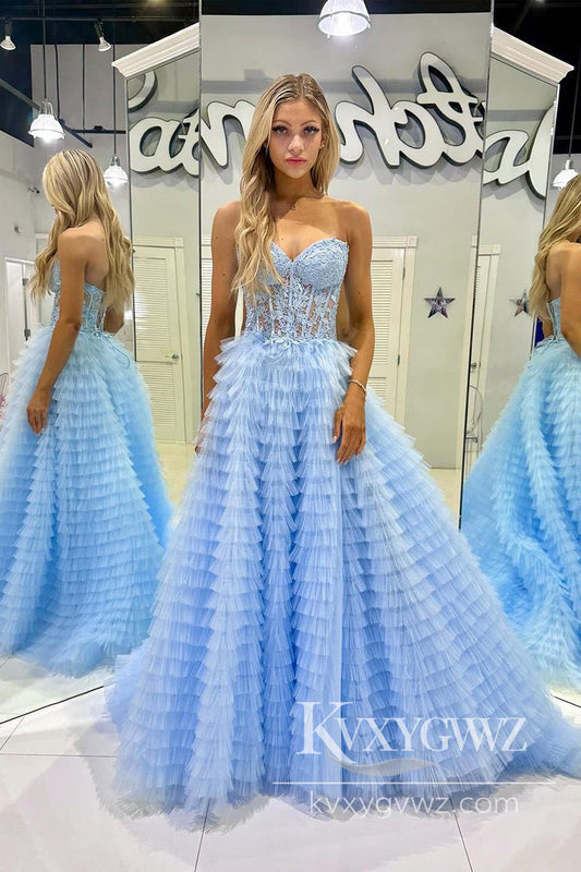Light Blue Strapless Ruffle Tiered Evening Gown Tulle Long Prom Dress with Appliques LF855