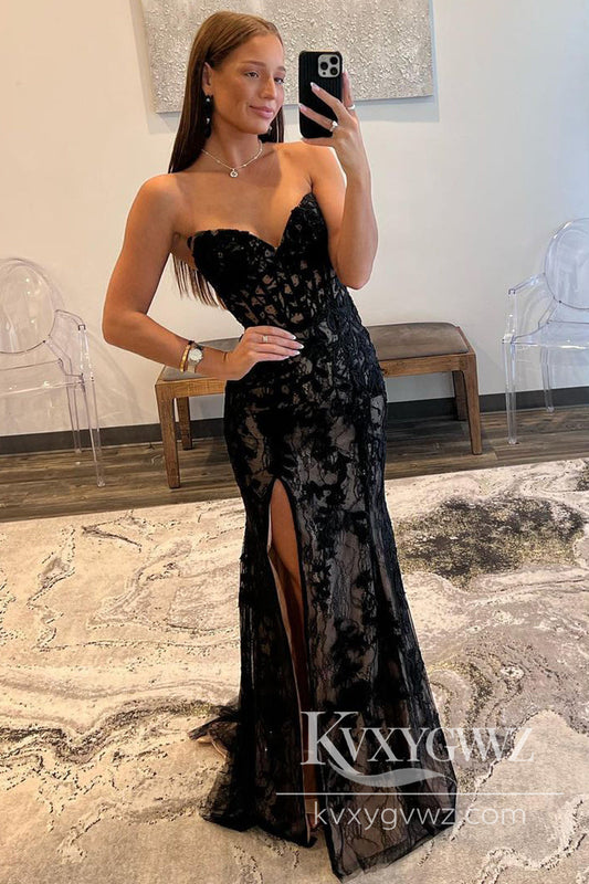 Dazzling Mermaid Evening Gown Strapless Black Lace Long Prom Dress LF856