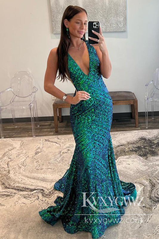 Dark Green Sequin Evening Gown Plunge V Mermaid Long Prom Dress LF857