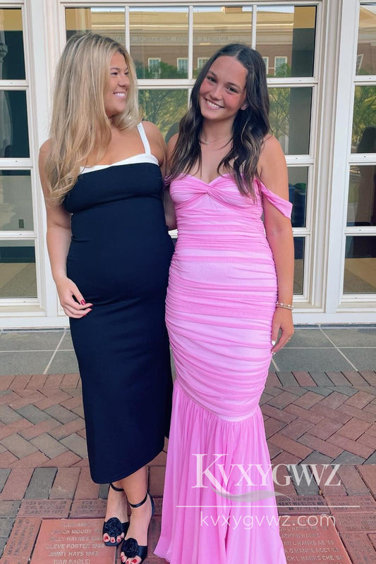 Fashion Mermaid Straps Evening Gown Pink Chiffon Long Prom Party Dress LF858