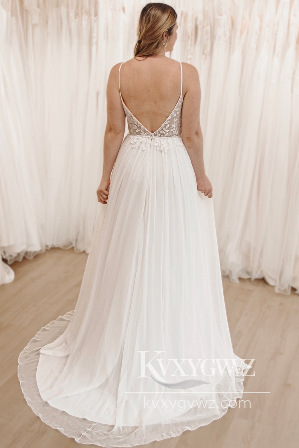 Enchanting A-Line V-Neck Chiffon Sweep Train Wedding Dress with Appliques HS859
