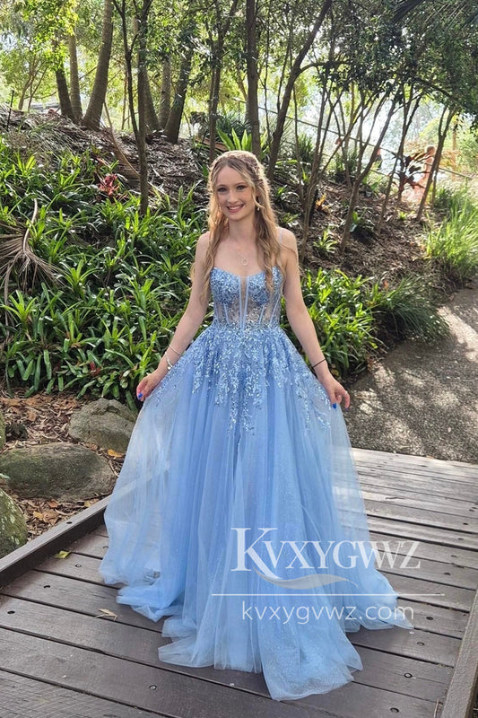 Cute A Line Sweetheart Evening Gown Tulle Long Prom Dresses with Appliques LF1446