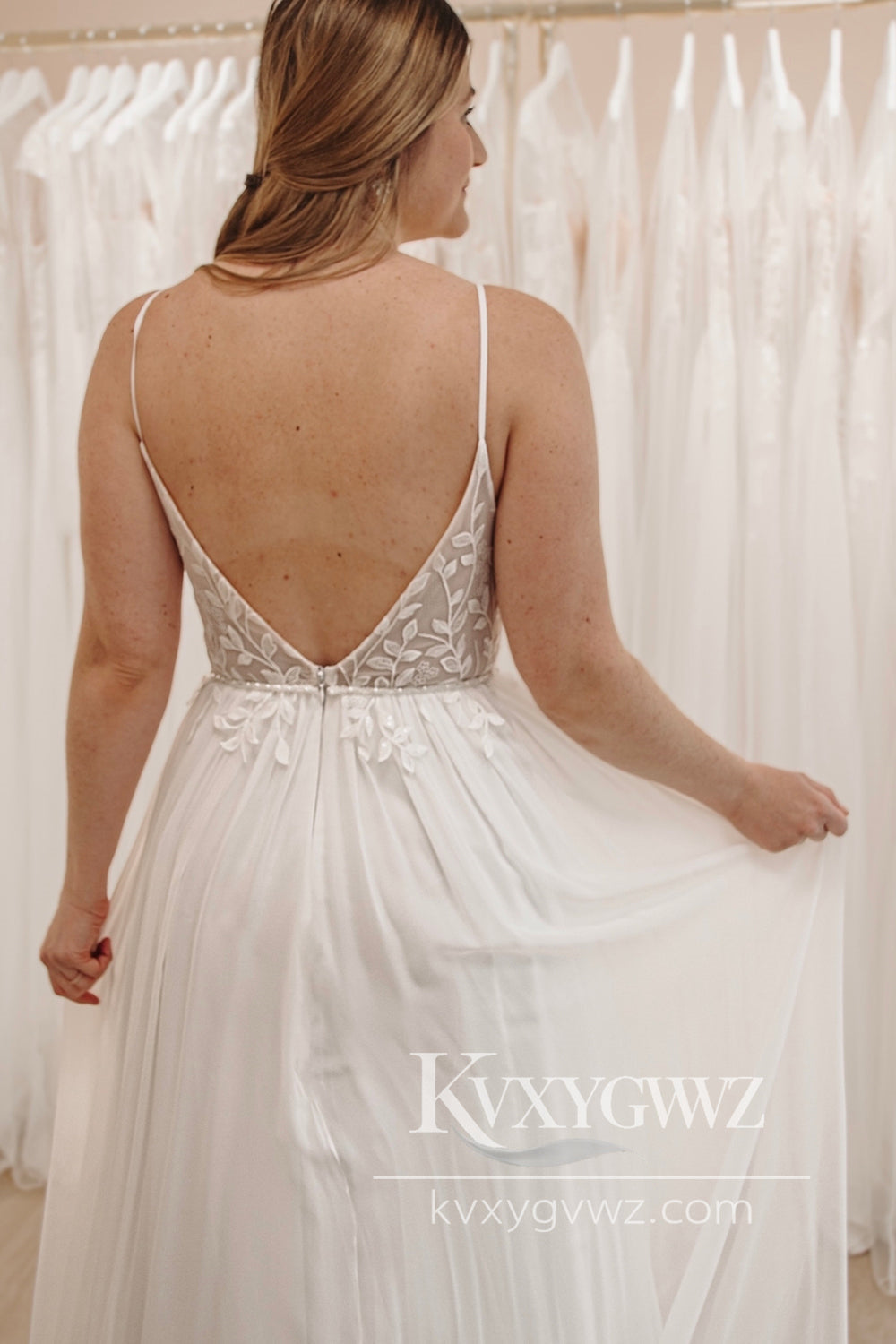 Enchanting A-Line V-Neck Chiffon Sweep Train Wedding Dress with Appliques HS859