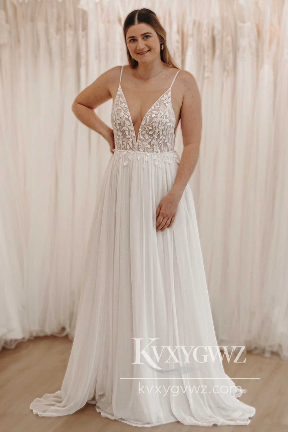 Enchanting A-Line V-Neck Chiffon Sweep Train Wedding Dress with Appliques HS859