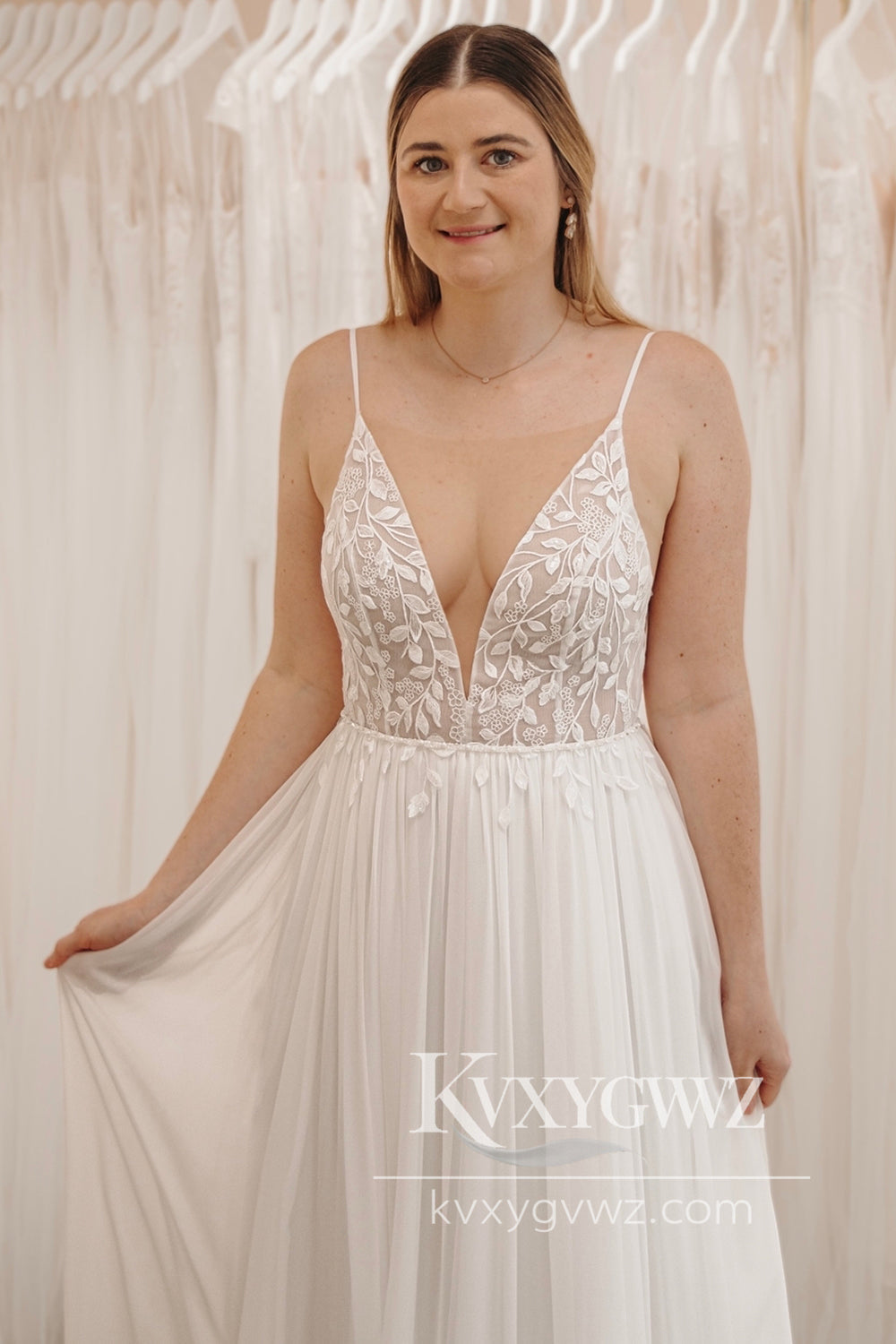 Enchanting A-Line V-Neck Chiffon Sweep Train Wedding Dress with Appliques HS859