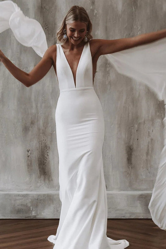 Graceful Mermaid V Neck Elastic Satin Long Wedding Dresses Gown HS699