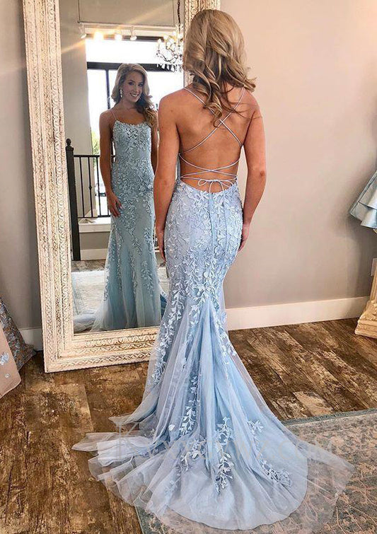 Sheath/Column Square Neckline Sleeveless Court Train Lace Prom Dress With Appliqued LF086