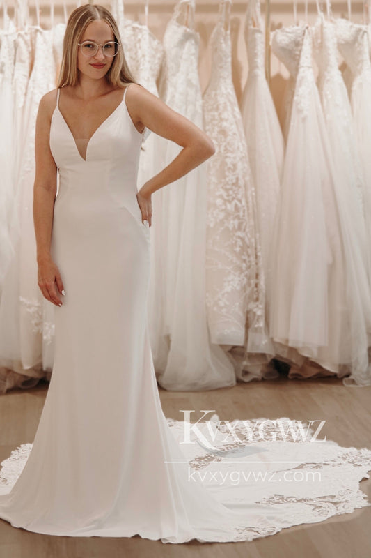 Graceful Mermaid V Neck Elastic Satin Wedding Dresses Gown with Appliques HS860