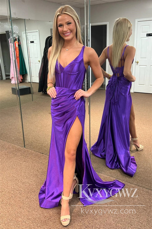 Grape Mermaid Evening Gown Satin V Neck Long Prom Dress with Slit LF861