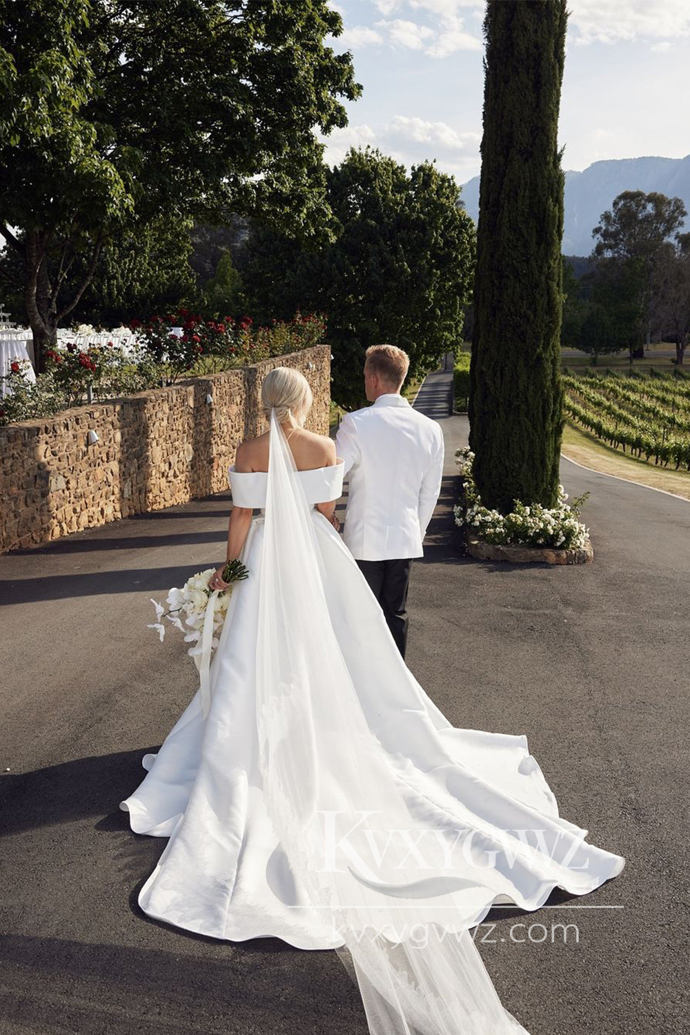 Ball Gown Off the Shoulder Satin Long Wedding Dresses Gown With Sweep Train HS861