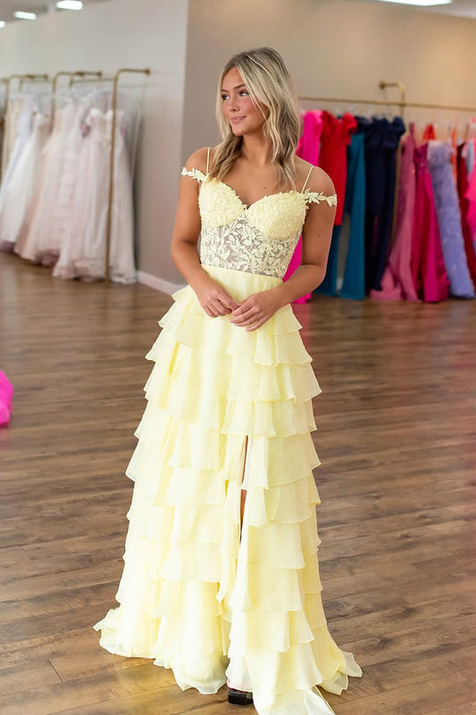 A-Line Cold Shoulder Yellow Ruffle Tiered Long Prom Dress Gown with Slit LF1308