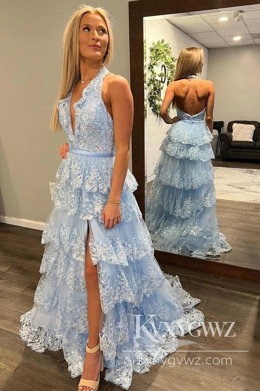 Light Blue Tulle Appliques Evening Gown Halter Ruffle Tiered Long Prom Dress LF862