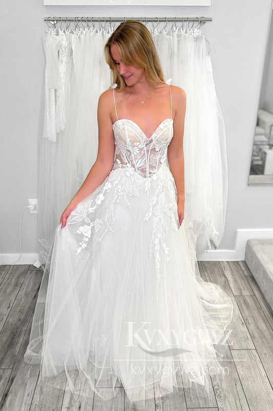Pastoral Style A Line Sweetheart Tulle Bridal Dresses with Appliques HS863