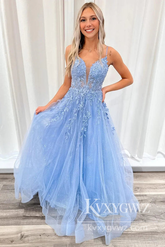 Spaghetti Strap Light Blue Tulle Appliques Evening Gown Plunge V A-Line Long Prom Dress  LF864