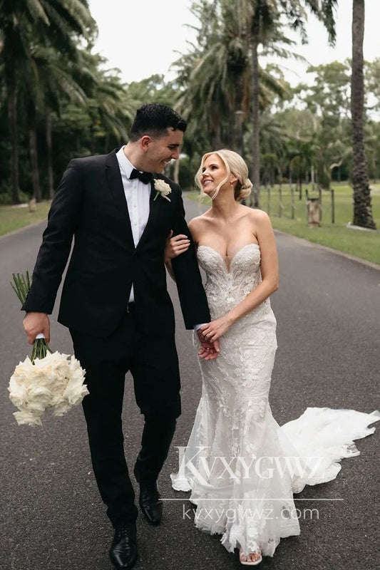 Glamorous Mermaid V Neck Lace Wedding Dresses Gown with Appliques HS865
