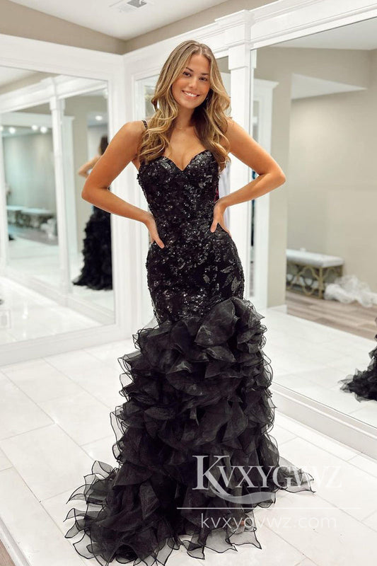Spaghetti Strap Mermaid Evening Gown Sweetheart Black Sequin Lace Long Prom Dress LF867