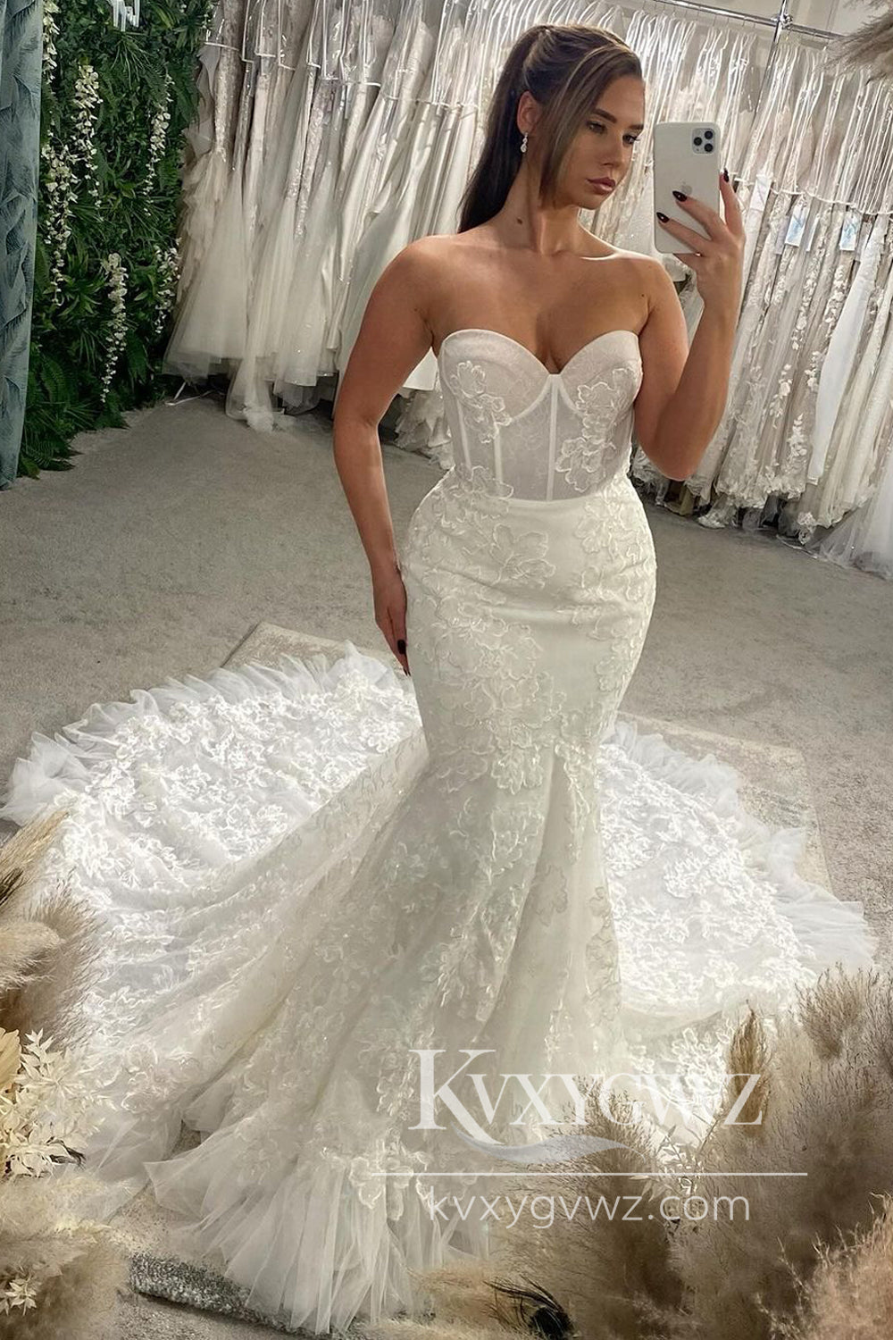 Pastoral Style Mermaid Sweetheart Lace Wedding Dress Gown with Appliques HS867