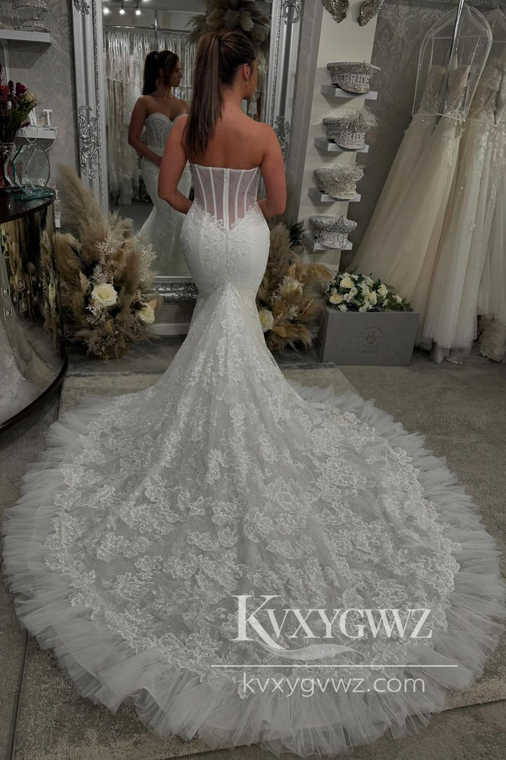 Pastoral Style Mermaid Sweetheart Lace Wedding Dress Gown with Appliques HS867