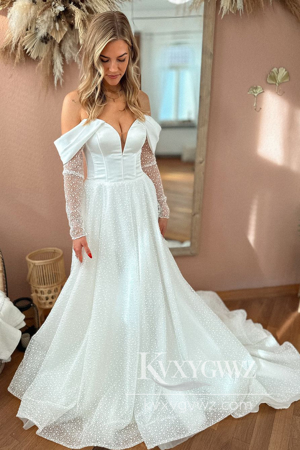 Bohemian Off the Shoulder Sequins Wedding Dresses Gown with Long Sleeves HS868