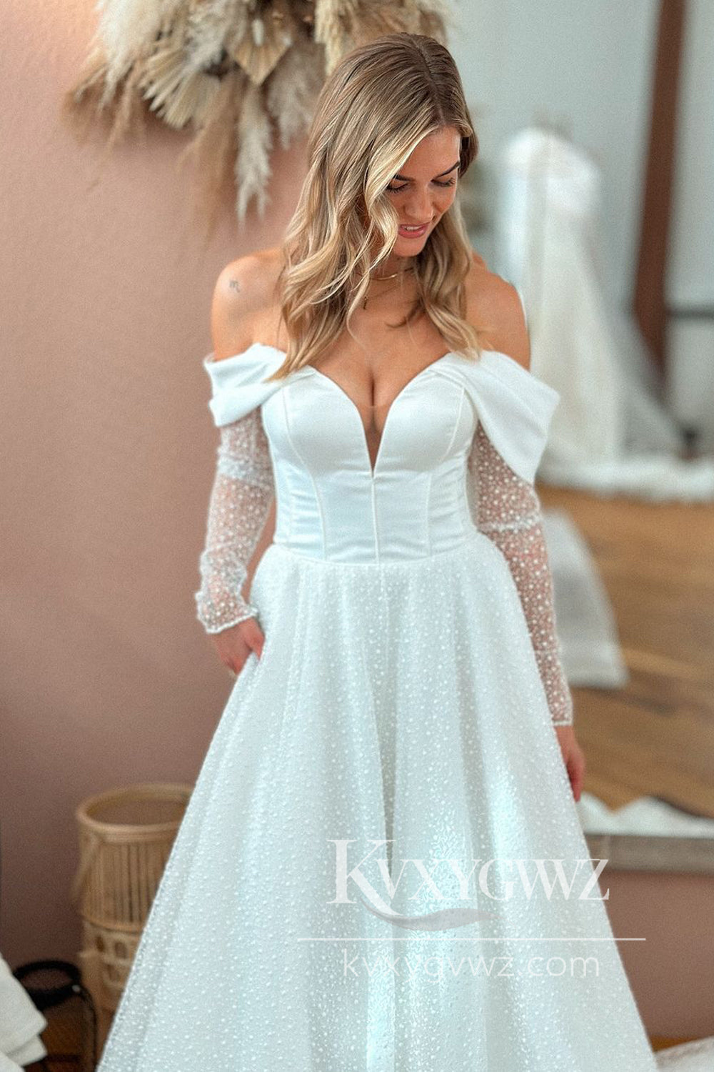 Bohemian Off the Shoulder Sequins Wedding Dresses Gown with Long Sleeves HS868